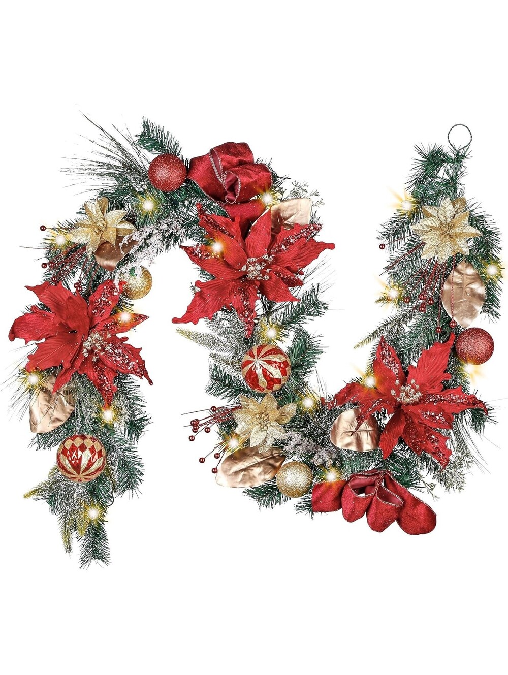 Valery Madelyn Pre-Lit 6 feet Luxury Red Gold Christmas Garland w Shatterproof..